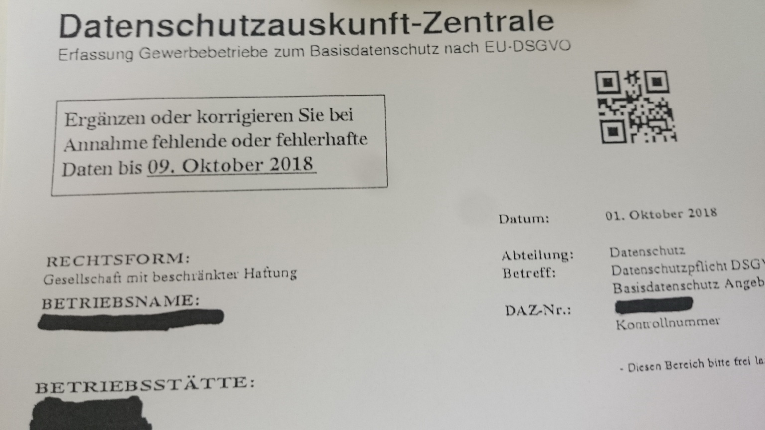 Vorsicht vor Trickformularen der Datenschutzauskunfts-Zentrale. Dies ist eine Abofalle. Externer Datenschutzbeauftragter (TÜV) & Anwalt.